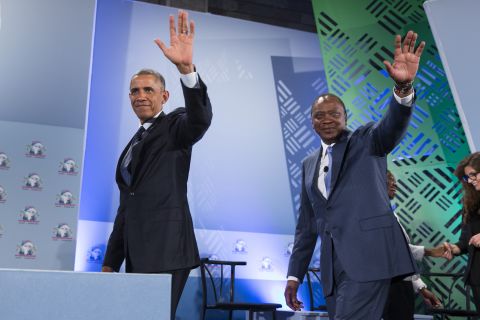 Obama and Kenyatta wave July 25 as they leave the Global Entrepreneurship Summit at the United Nations Compound in Nairobi.