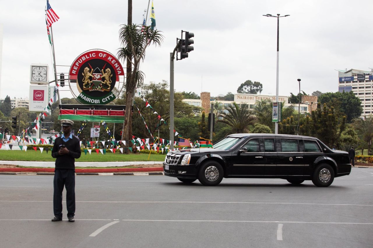 A security guard blocks a Nairobi street as Obama's motorcade passes on July 25. 