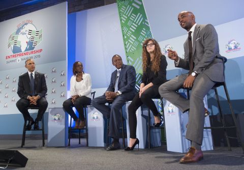 Obama and Kenyatta attend a panel discussion at the Global Entrepreneurship Summit. From left are Obama; Judith Owegar, co-founder of Akirachix; Kenyatta; Josipa Majic, CEO of Teddy the Guardian; and Jahiel Oliver, CEO of Hello Tractor. 