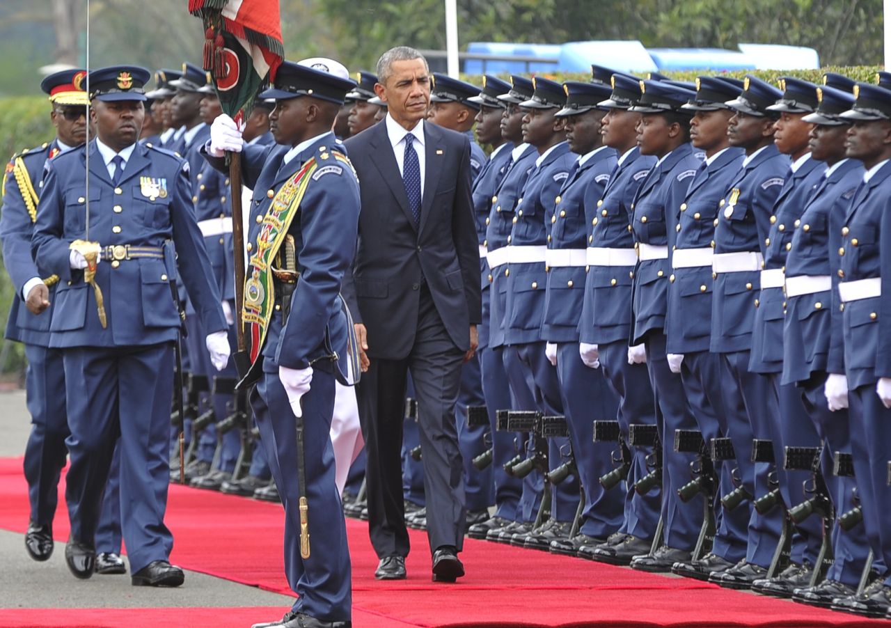 Obama inspects a guard of honor at the State House in Nairobi on July 25.