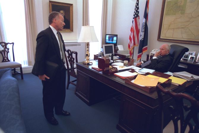 Vice President Dick Cheney (right) talks with his chief of staff, I. Lewis "Scooter" Libby, on September 11, 2001, the day of the terrorist attacks. <a href="index.php?page=&url=http%3A%2F%2Fwww.cnn.com%2F2015%2F07%2F25%2Fpolitics%2Fnational-archives-new-photos-bush-911%2Findex.html">More than 350 images of Cheney and other Bush administration officials taken that day were released</a> Friday, July 24, by the National Archives following a Freedom of Information Act request.