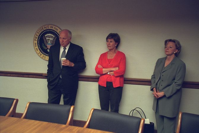 Cheney with Laura Bush and Lynne Cheney. The latter was a constant presence. She leaned in at one point to tell the vice president that their daughters were fine.