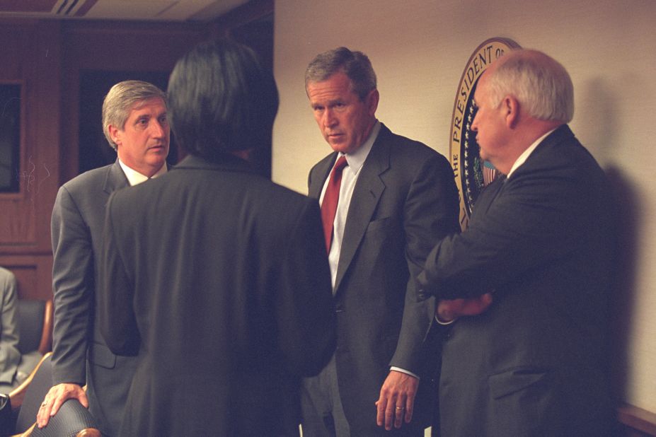 <a href="http://edition.cnn.com/2002/ALLPOLITICS/09/11/ar911.king.cheney/">President Bush speaks</a> with Vice President Cheney and members of his senior staff. The vice president had a few words with the president just before the latter's address to the nation. CIA Director George Tenet watched from the bunker, waiting for Bush to convene a late-night meeting of the National Security Council.