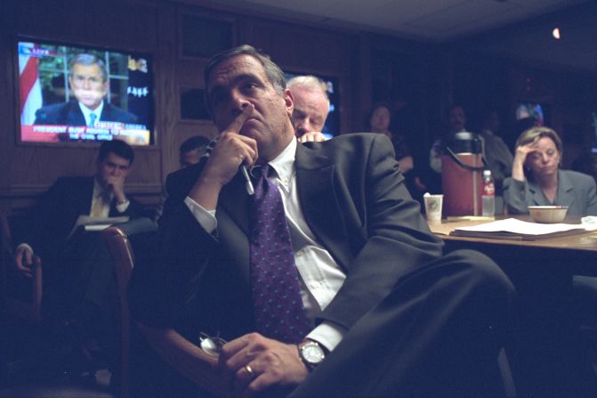 CIA Director George Tenet listens to President Bush's <a href="index.php?page=&url=http%3A%2F%2Fedition.cnn.com%2F2001%2FUS%2F09%2F11%2Fbush.speech.text%2F">televised address. </a>The President said, "Terrorist attacks can shake the foundations of our biggest buildings, but they cannot touch the foundation of America. These acts shatter steel, but they cannot dent the steel of American resolve."