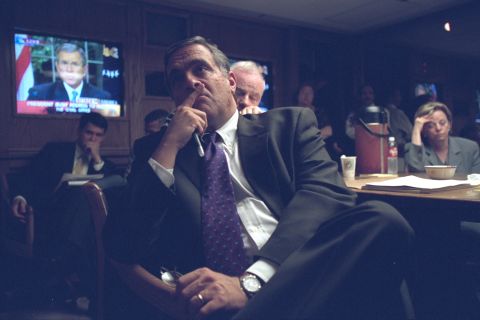CIA Director George Tenet listens to President Bush's <a href="http://edition.cnn.com/2001/US/09/11/bush.speech.text/">televised address. </a>The President said, "Terrorist attacks can shake the foundations of our biggest buildings, but they cannot touch the foundation of America. These acts shatter steel, but they cannot dent the steel of American resolve."