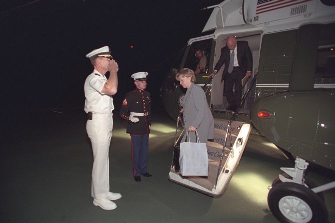 Cheney and Lynne Cheney arrive at Camp David. This was the first in a series of "undisclosed locations" where the vice president camped out in the weeks after the attacks, <a href="index.php?page=&url=http%3A%2F%2Fwww.pbs.org%2Fwgbh%2Fpages%2Ffrontline%2Fgovernment-elections-politics%2Fnew-photos-show-bush-administration-reaction-to-911-attacks%2F" target="_blank" target="_blank">PBS said</a>.