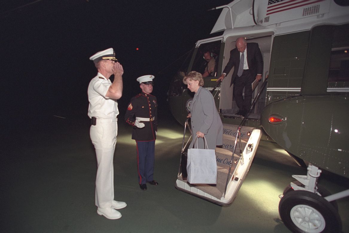 Cheney and Lynne Cheney arrive at Camp David. This was the first in a series of "undisclosed locations" where the vice president camped out in the weeks after the attacks, <a href="http://www.pbs.org/wgbh/pages/frontline/government-elections-politics/new-photos-show-bush-administration-reaction-to-911-attacks/" target="_blank" target="_blank">PBS said</a>.