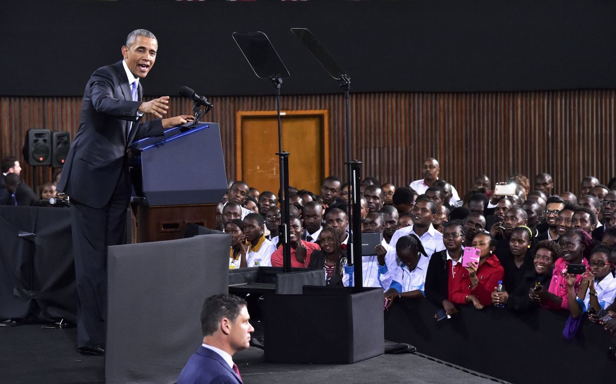 Obama speaks at the Moi International Sports Center in Nairobi on July 26. He offered his own personal history as evidence that all Africans have the potential to rise from even the most difficult circumstances.