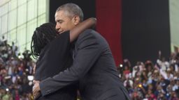 Obama embraces his sister Auma during an event at the Moi International Sports center in Nairobi on July 26. 