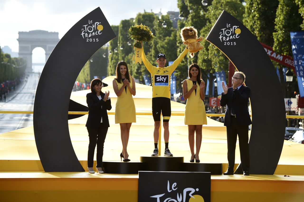 Chris Froome celebrates on the podium in Paris after winning the Tour de France for the second time.