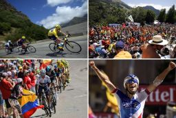A montage of photographs showing fan fervor on the 20th stage of the Tour de France on the Alpe d'Huez.