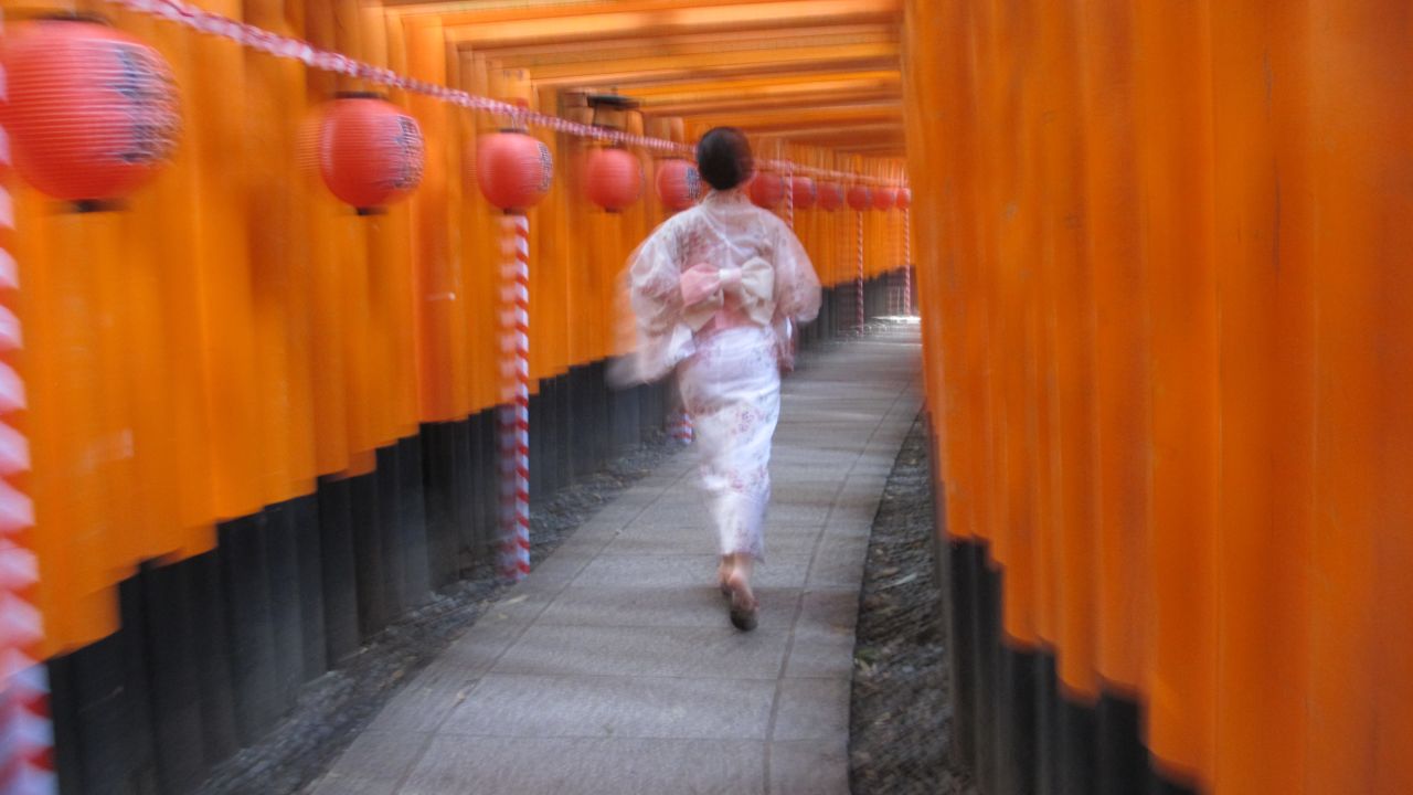 A typical shot in the vermilion tunnels of Fushimi Inari Taisha Shrine.