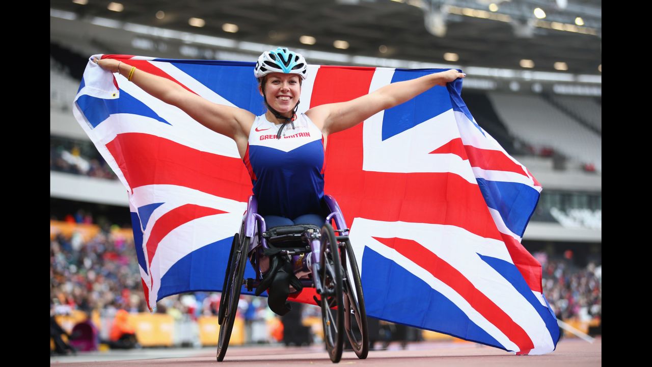 Paralympic athlete Hannah Cockroft celebrates after winning a 400-meter race at the Anniversary Games in London on Sunday, July 26.