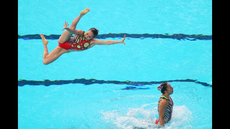 Members of Japan's synchronized-swimming team compete at the World Championships in Kazan, Russia, on Saturday, July 25. They would go on to win bronze.