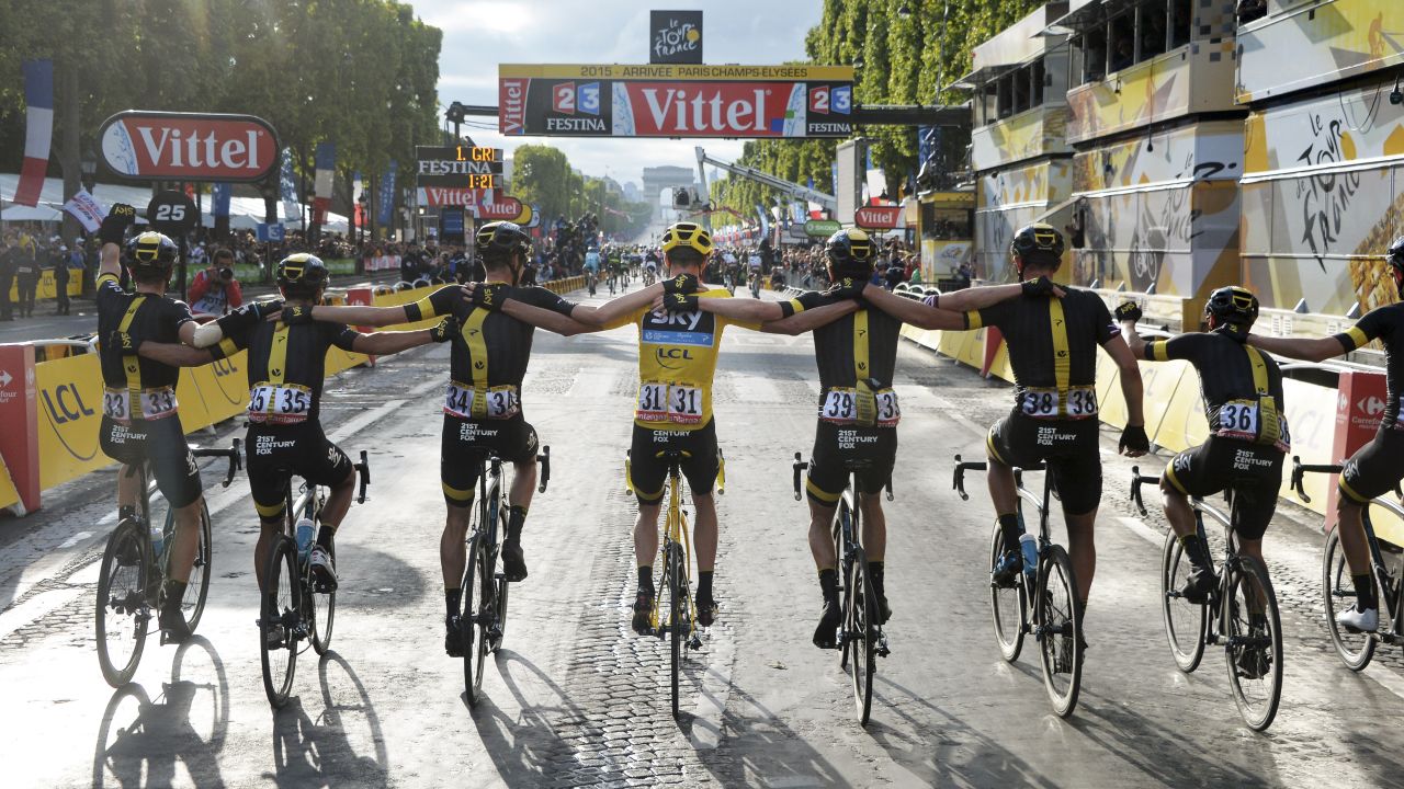 Chris Froome and the rest of Team Sky cross the finish line together at the Tour de France on Sunday, July 26.
