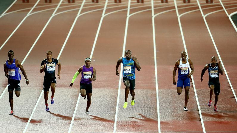 Jamaica's Usain Bolt, fourth from left, speeds past competitors on his way to winning the 100-meter dash at the Anniversary Games in London on Friday, July 24.