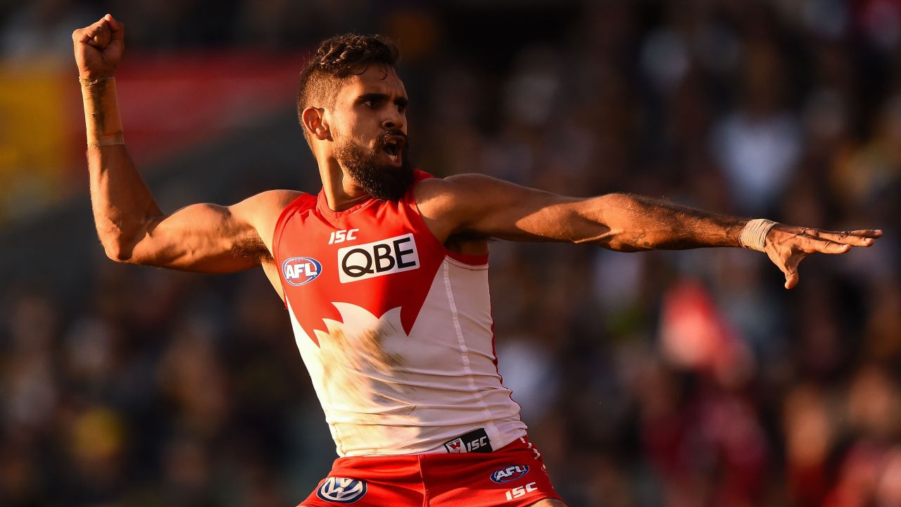 Lewis Jetta of the Sydney Swans celebrates his goal with an indigenous dance during an Australian Football League match Sunday, July 26, in Perth, Australia. 