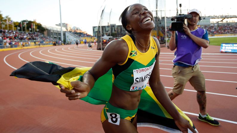 Jamaica's Sherone Simpson smiles after winning gold in the 100 meters Wednesday, July 22, at the Pan American Games. <a href="index.php?page=&url=http%3A%2F%2Fwww.cnn.com%2F2015%2F07%2F21%2Fsport%2Fgallery%2Fwhat-a-shot-sports-0721%2Findex.html" target="_blank">See 35 amazing sports photos from last week </a>