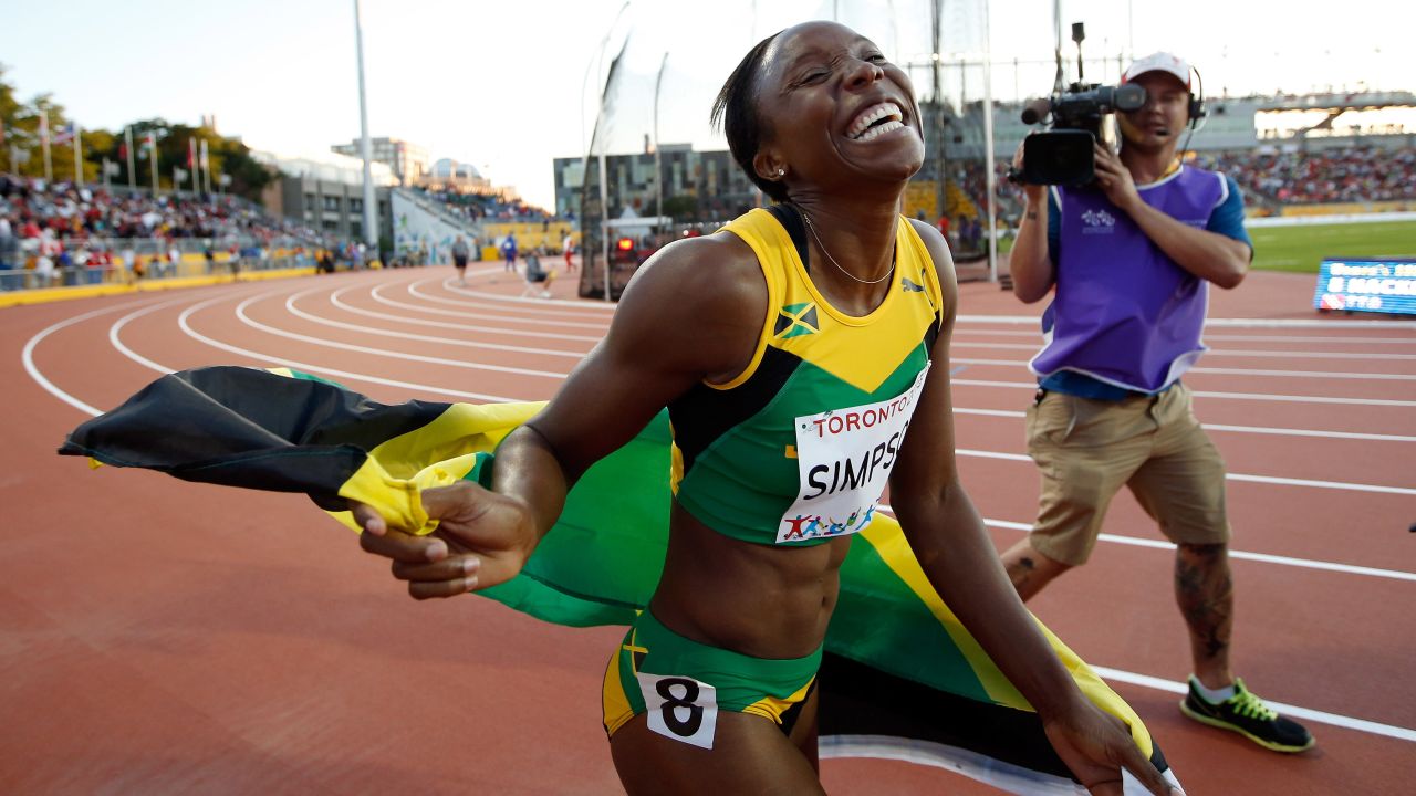 Jamaica's Sherone Simpson smiles after winning gold in the 100 meters Wednesday, July 22, at the Pan American Games. <a href="http://www.cnn.com/2015/07/21/sport/gallery/what-a-shot-sports-0721/index.html" target="_blank">See 35 amazing sports photos from last week </a>