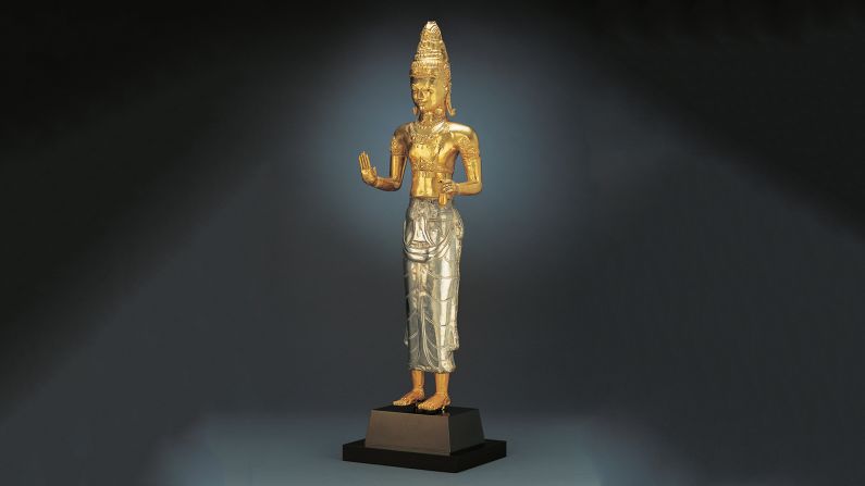 By the 9th century, Buddhism had made serious inroads into Southeast Asia. The support of local rulers was central to the spread of the religion.<br /><br />Facial features of Buddhist sculptures changed over time and across regions to appear like the people who created them, which was likely the case here. This resplendent gold and silver sculpture from Champa in Central Vietnam depicts Lokeshvara (Lord of the World) a bodhisattva known for compassion and supernatural powers.