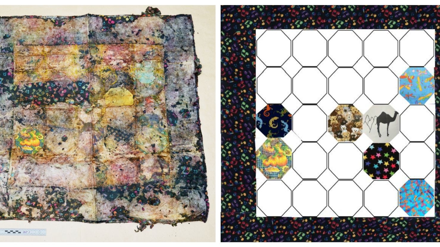 The 90cm by 90cm quilt found with the child's body, with seven patches digitally enhanced on right.