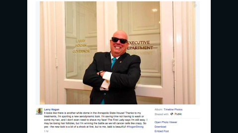Maryland Gov. Larry Hogan poses outside his office in a Facebook post detailing his treatment for non-Hodgkins lymphoma.