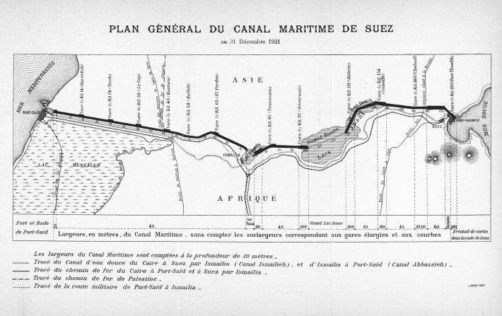 A 1921 map of the Suez Canal, running south from Port Said on the Mediterranean, through Ismailia and the Great Bitter Lake, to the Gulf of Suez on the Red Sea.