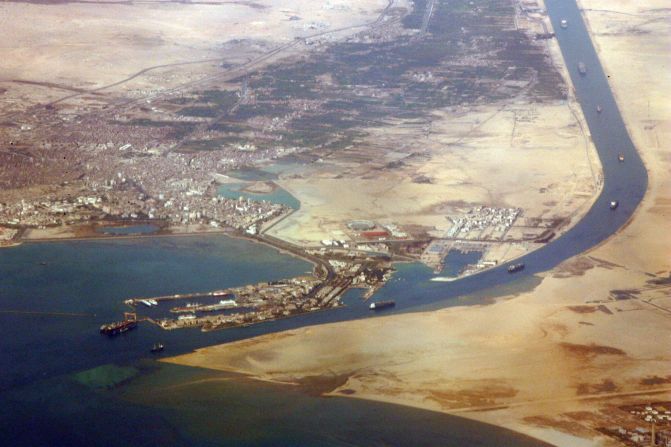 An aerial view taken on December 31, 2007 shows the southern entrance of the Suez Canal.