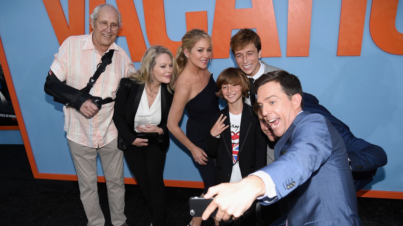 Stars of the new comedy "Vacation" take a selfie together at the film's premiere in Westwood, California, on Monday, July 27. From right are Ed Helms, Chris Hemsworth, Skyler Gisondo, Steele Stebbins, Christina Applegate, Beverly D'Angelo and Chevy Chase.