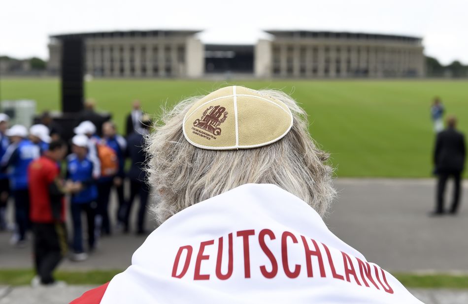 A man wears a Kippa at the "Maifeld" -- a place used by Nazis for mass rallies, near Berlin's Olympic Stadium  -- during a Memorial ceremony for the victims of the Holocaust. Six million Jews were murdered by the Nazi regime and its collaborators.