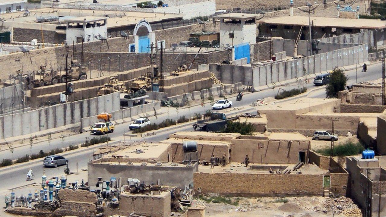 In April 2011, hundreds of prisoners escaped from a prison in Kandahar by crawling through a tunnel. The Taliban took responsibility for the escape. This picture shows a general view of the prison, top center, and the house, bottom right, from which Taliban militiamen dug the tunnel leading to the prison.
