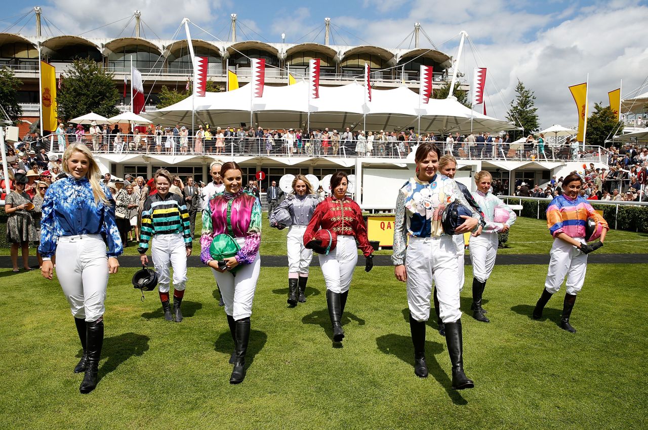 Here come the girls! The 10 jockeys competing in this year's Magnolia Cup at the Qatar Goodwood Festival. Each rider wears a specially-made racing silk created by top designers, including fashion legend Vivienne Westwood.