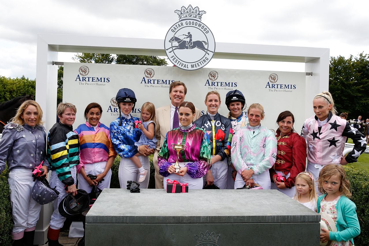 This year's race was won by Camilla Henderson (center) in a race packed with notable names. CEO of telecoms company Talk Talk, Dido Harding (second from left) and Leonora Smee, model and international showjumper (fourth from left) were among the riders. 