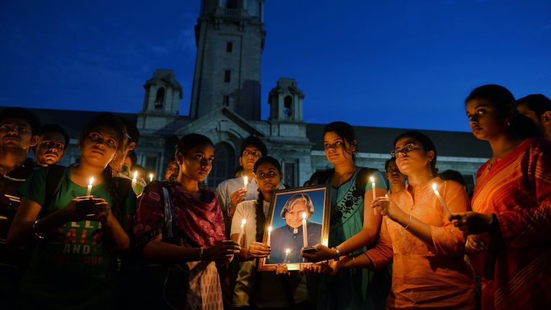 A candlelight vigil is held in Bangalore, India, to pay tribute to former Indian president <a href="http://www.cnn.com/2015/07/27/world/apj-abdul-kalam-indian-president-dies/" target="_blank">APJ Abdul Kalam</a>, who died Monday, July 27, at the age of 83. From 2002 to 2007, Kalam was the 11th President of India. He was the first scientist to hold the office, and he was widely viewed as an apolitical figure.