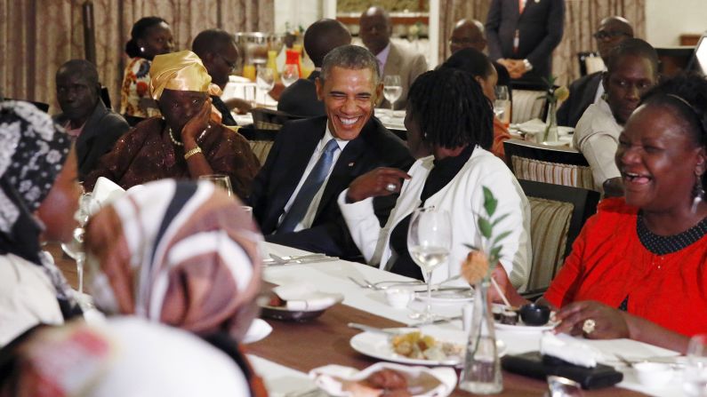U.S. President Barack Obama attends a private dinner with family members after arriving in Nairobi, Kenya, on Friday, July 24. Obama was making his first visit to his father's homeland as commander in chief. He also visited Ethiopia during <a href="http://www.cnn.com/2015/07/25/world/gallery/obama-kenya-ethiopia/index.html" target="_blank">his trip</a>.