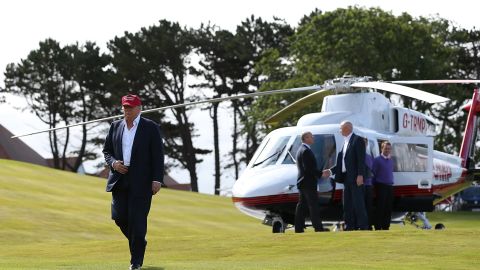 Republican Presidential Candidate Donald Trump arrives by helicopter to visit his Scottish golf course Turnberry on July 30, 2015 in Ayr, Scotland.