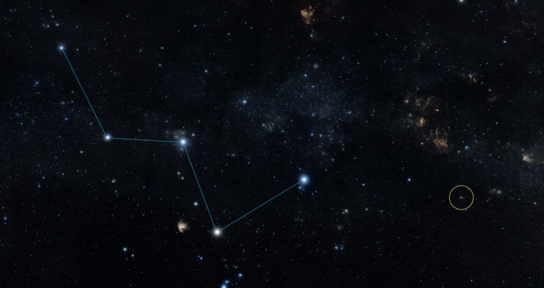 The circled area indicates where the star system containing planet HD 219134 is located. The star is just off the "W" shape of the constellation Cassiopeia. It can be seen with the naked eye in dark skies. 
