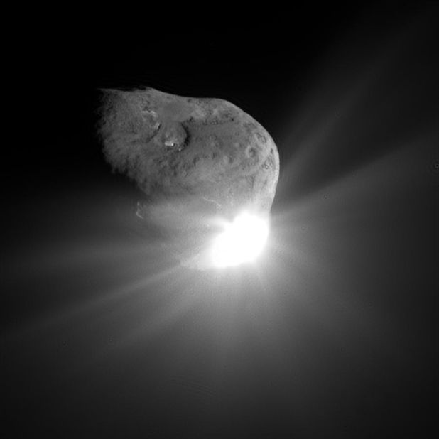 NASA's <a href="http://www.nasa.gov/mission_pages/deepimpact/main/" target="_blank" target="_blank">Deep Impact spacecraft</a> was launched on January 12, 2005, and it traveled 268 million miles (431 million kilometers) to hurl its coffee table-sized probe into comet Tempel 1 on July 4, 2005. This image of Tempel 1 was taken by Deep Impact's camera 67 seconds after the probe hit the comet. Scattered light from the collision saturated the camera's detector and caused the bright splash seen in this image. The Deep Impact mission was supposed to end a few weeks later, but NASA approved an extension and renamed the spacecraft <a href="http://www.nasa.gov/mission_pages/epoxi/index.html" target="_blank" target="_blank">EPOXI</a>  and sent it on to<a href="http://www.nasa.gov/mission_pages/epoxi/epoxi20101104b.html" target="_blank" target="_blank"> fly by Comet Hartley 2</a> in November 2010. The probe <a href="http://epoxi.umd.edu/" target="_blank" target="_blank">stopped communicating</a> with mission managers in September 2013 and was declared lost.