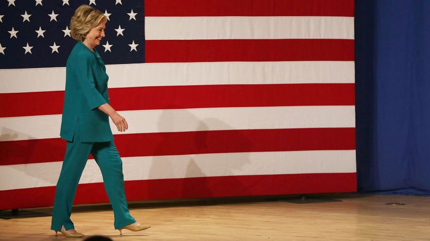 Democratic Presidential hopeful and former Secretary of State Hillary Clinton walks on stage to make a speech where she called for an end to the Cuban trade embargo at the Florida International University on July 31, 2015 in Miami, Florida.