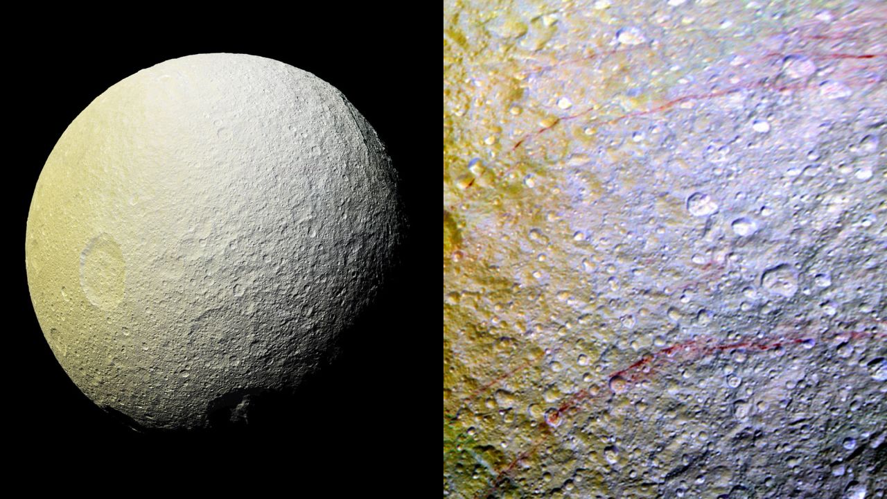 NASA's Cassini spacecraft has spotted mysterious reddish streaks on the surface of Saturn's icy moon Tethys. The red streaks are only a few miles wide but several hundred miles long. The images were taken in April. Scientists aren't sure what's causing the streaks.