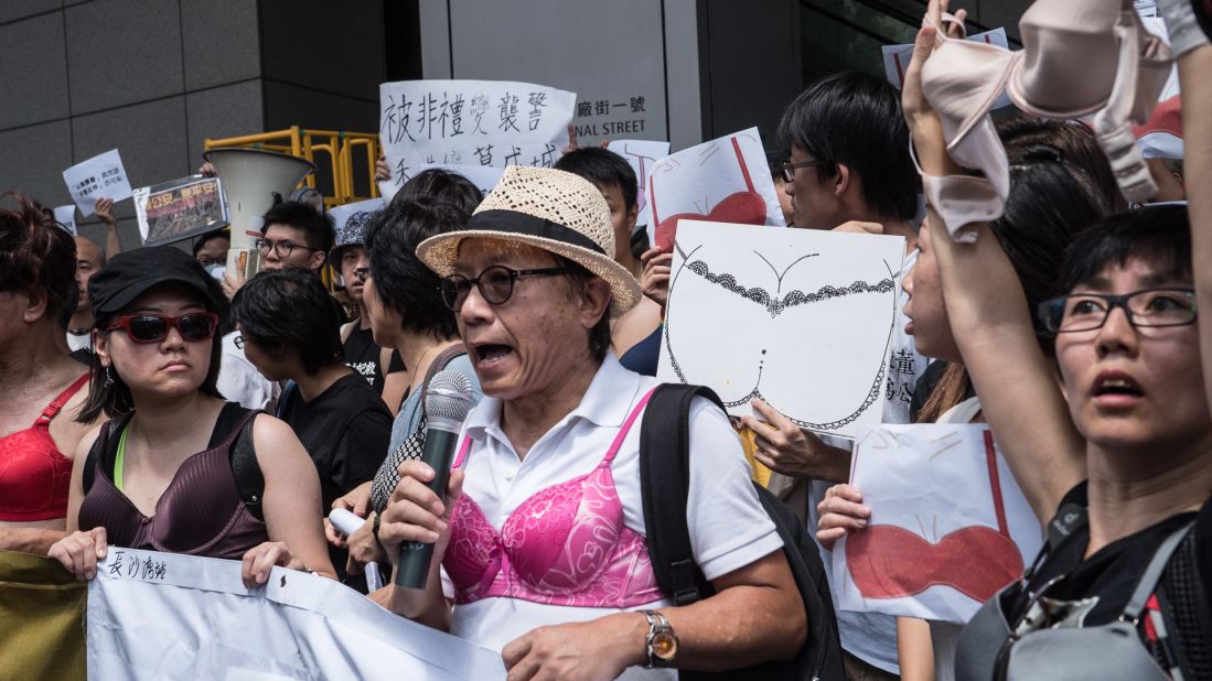 Angry Hong Kong citizens wore bras to protest the sentencing of a female protester to 3.5 months in prison for "assaulting a police officer" with her breast.