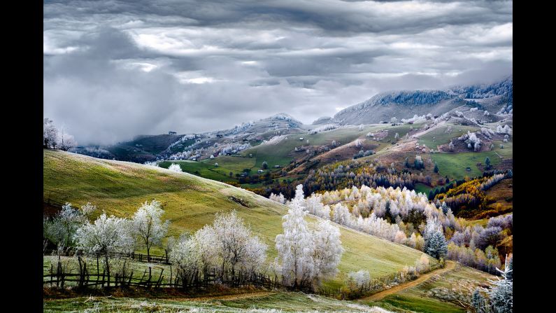 Gutescu took this photo of "white frost over Pestera village" in Romania.