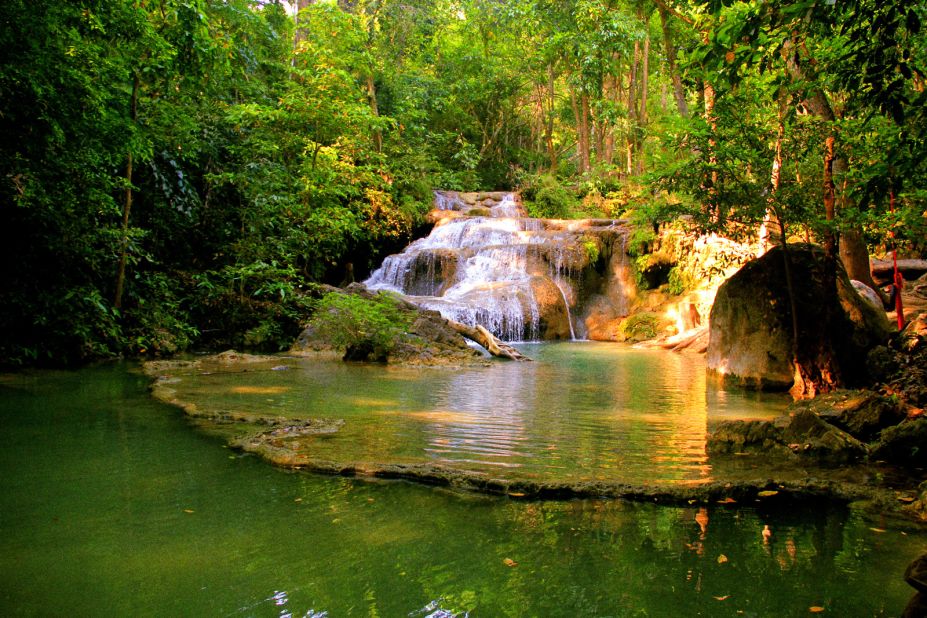 The seven-tiered Erawan Falls owe their name to a supposed resemblance to Erawan, the mythical three-headed elephant. 