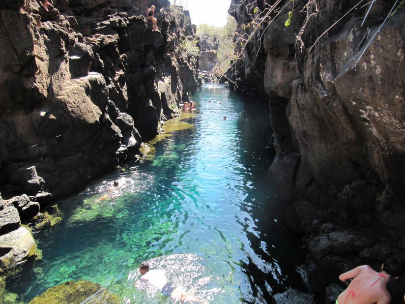 The ocean water pool Las Grietas stands between two tall cliffs on the island of Santa Cruz. Visitors can either bring their own snorkel gear or rent equipment in Puerto Ayora. 