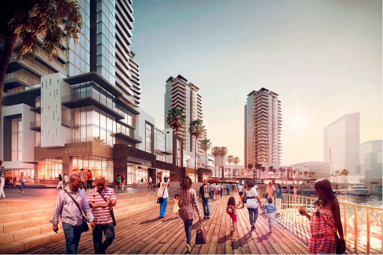 An artist's impression of the esplanade at Eko Atlantic's marina. There will be moorings for private boats and an 18m promenade with opportunities for leisure, residential and retail. 