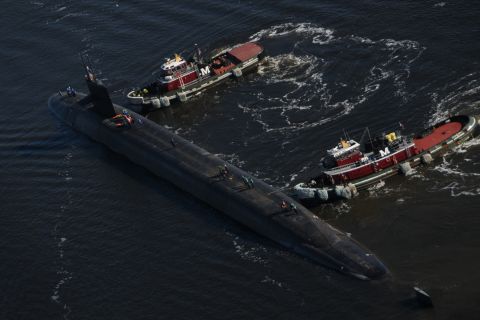 The U.S. Navy has more than a dozen ballistic missile submarines, also called boomers, in service. The boomers, 560 feet long, can carry 24 nuclear-armed Trident II ballistic missiles and serve as nuclear deterrents. Here, the Ohio-class ballistic-missile submarine USS West Virginia departs a naval shipyard in 2013.
