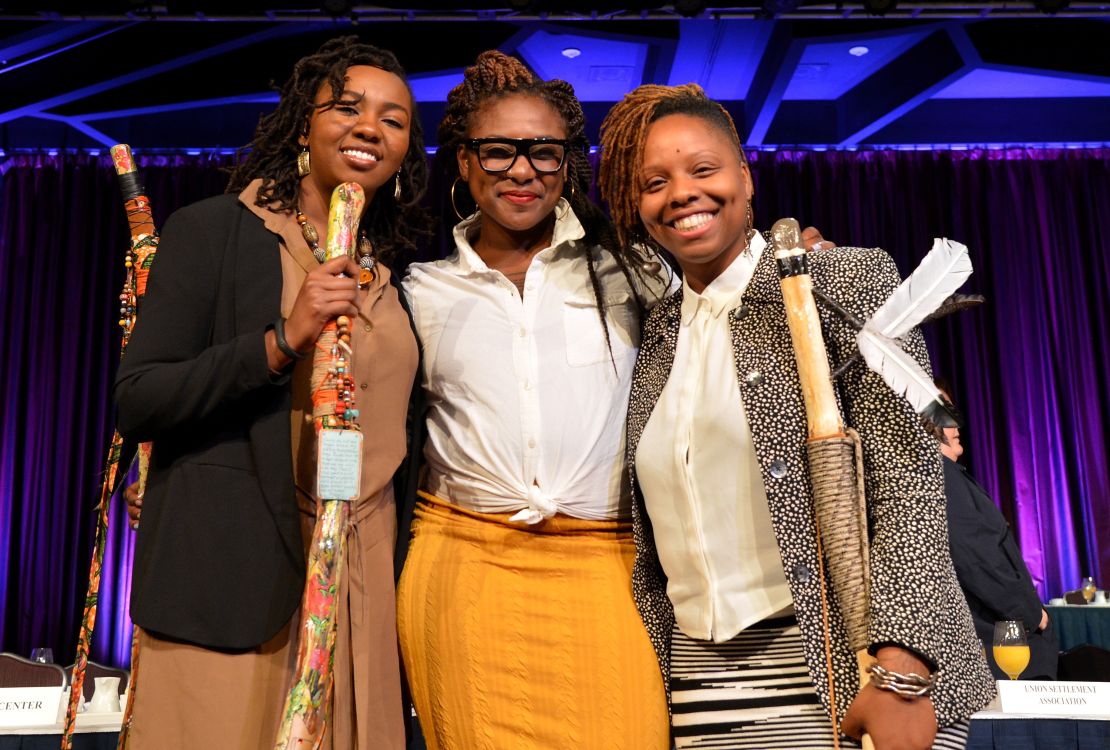Left to right, co-founders of BLM, Opal Tometi, Alicia Garza and Patrisse Cullors appear onstage during The New York Women's Foundation Celebrating Women Breakfast in 2015.