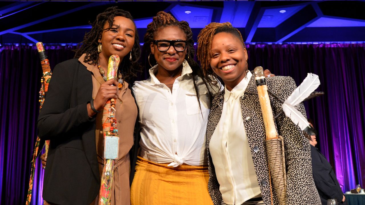 Left to right, co-founders of BLM, Opal Tometi, Alicia Garza and Patrisse Cullors appear onstage during The New York Women's Foundation Celebrating Women Breakfast in 2015.