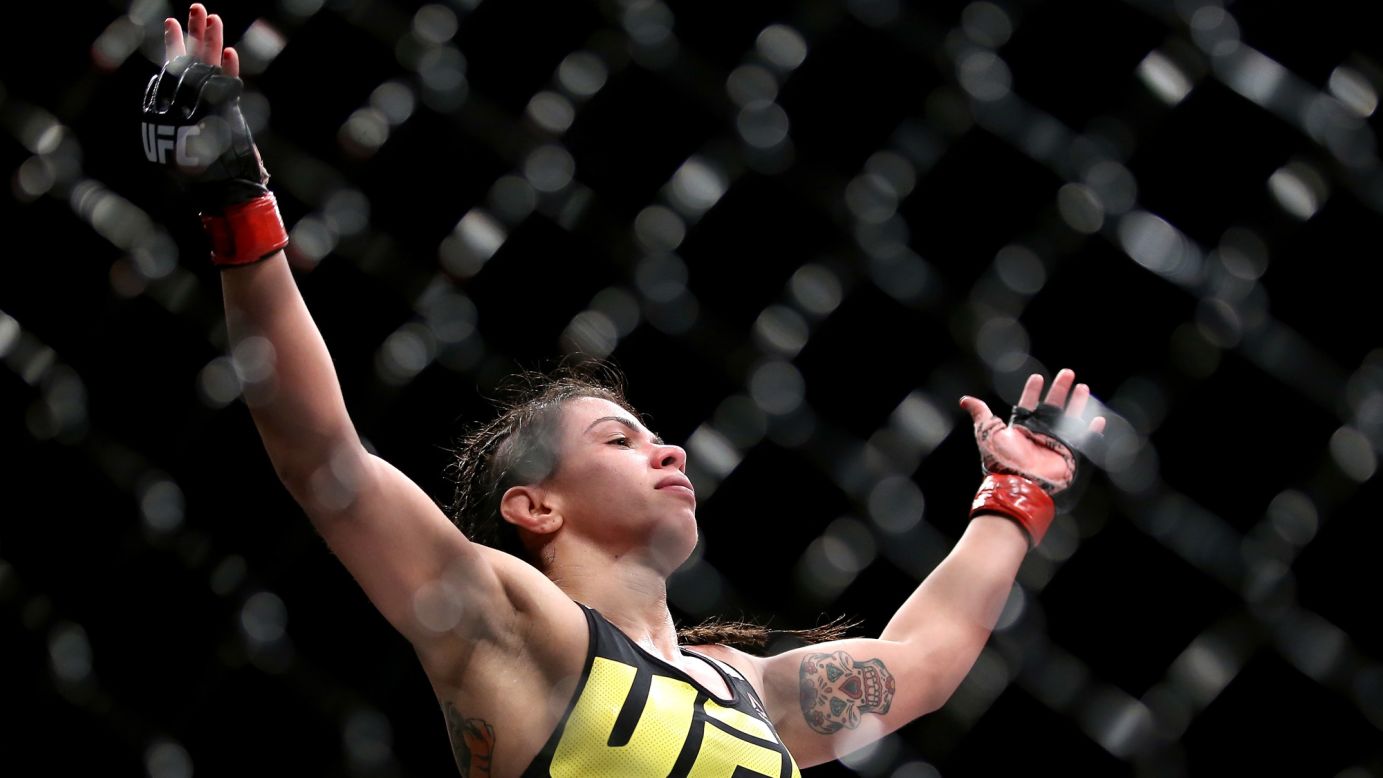 Claudia Gadelha celebrates Saturday, August 1, after she defeated Jessica Aguilar at UFC 190 in Rio de Janeiro. UFC chief Dana White announced after the event that Gadelha would be next in line for a strawweight title shot.