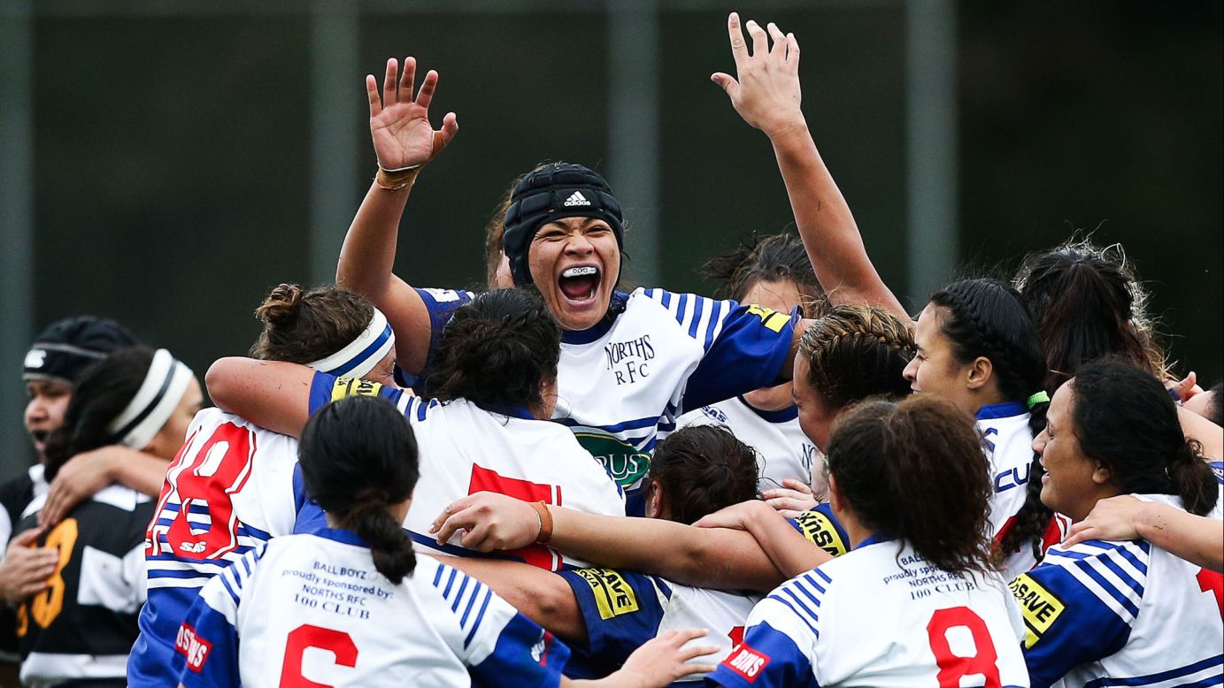 Moana Aiatu and her Northern United teammates celebrate Saturday, August 1, after winning the Wellington Club Rugby Final in Wellington, New Zealand.